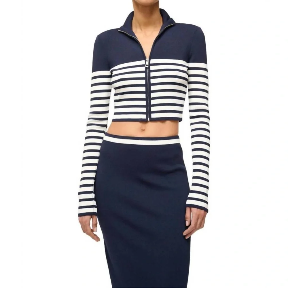 STAUD Navy and White Striped Cardigan - Picture 1 of 5